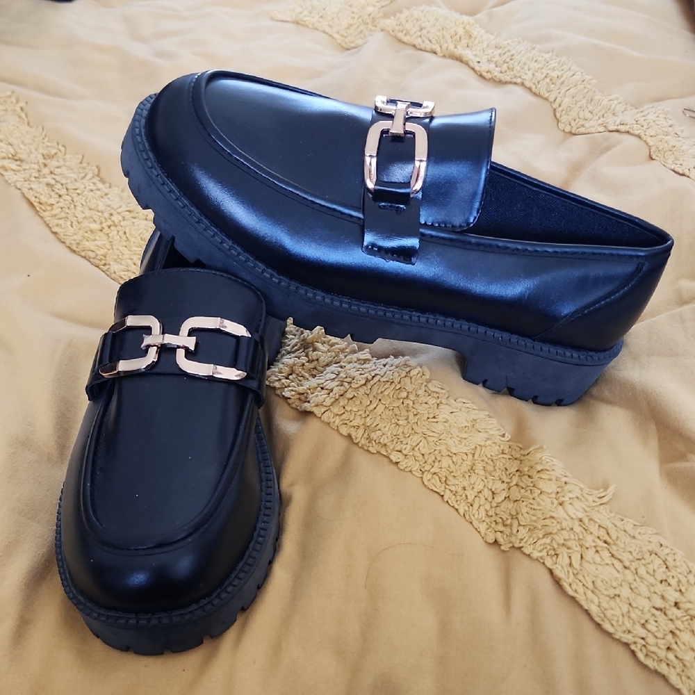 Chunky Black Loafers with Gold Accent
